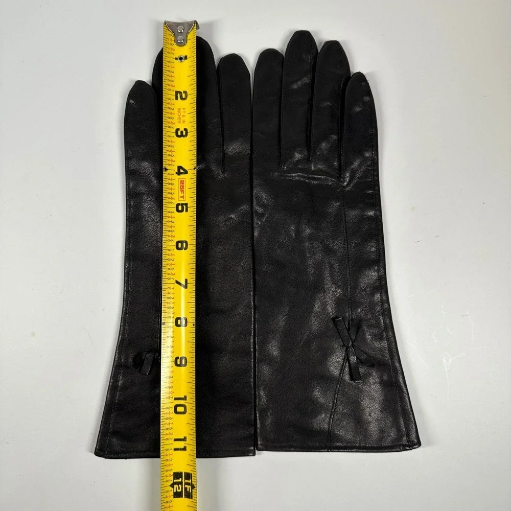 Vintage Black Leather Gloves Bow Detail Lined Japan Formal Evening Womens Size A